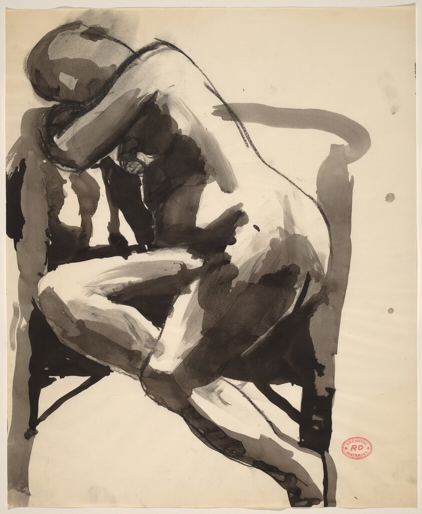 Untitled [seated female nude leaning into a chair]
