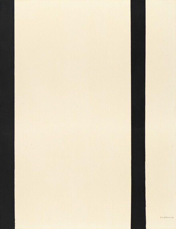 Two black bands span the height of this otherwise cream-white, vertical, abstract painting. One black strip is along the left side of the canvas, and the other is about three-quarters of the way across from the left. A few tiny drips of black paint are speckled across the canvas. The artist signed and dated the painting in the lower right corner in black, "Barnett Newman 1964.”