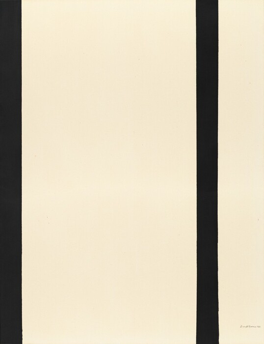 Two black bands span the height of this otherwise cream-white, vertical, abstract painting. One black strip is along the left side of the canvas, and the other is about three-quarters of the way across from the left. A few tiny drips of black paint are speckled across the canvas. The artist signed and dated the painting in the lower right corner in black, "Barnett Newman 1964.”