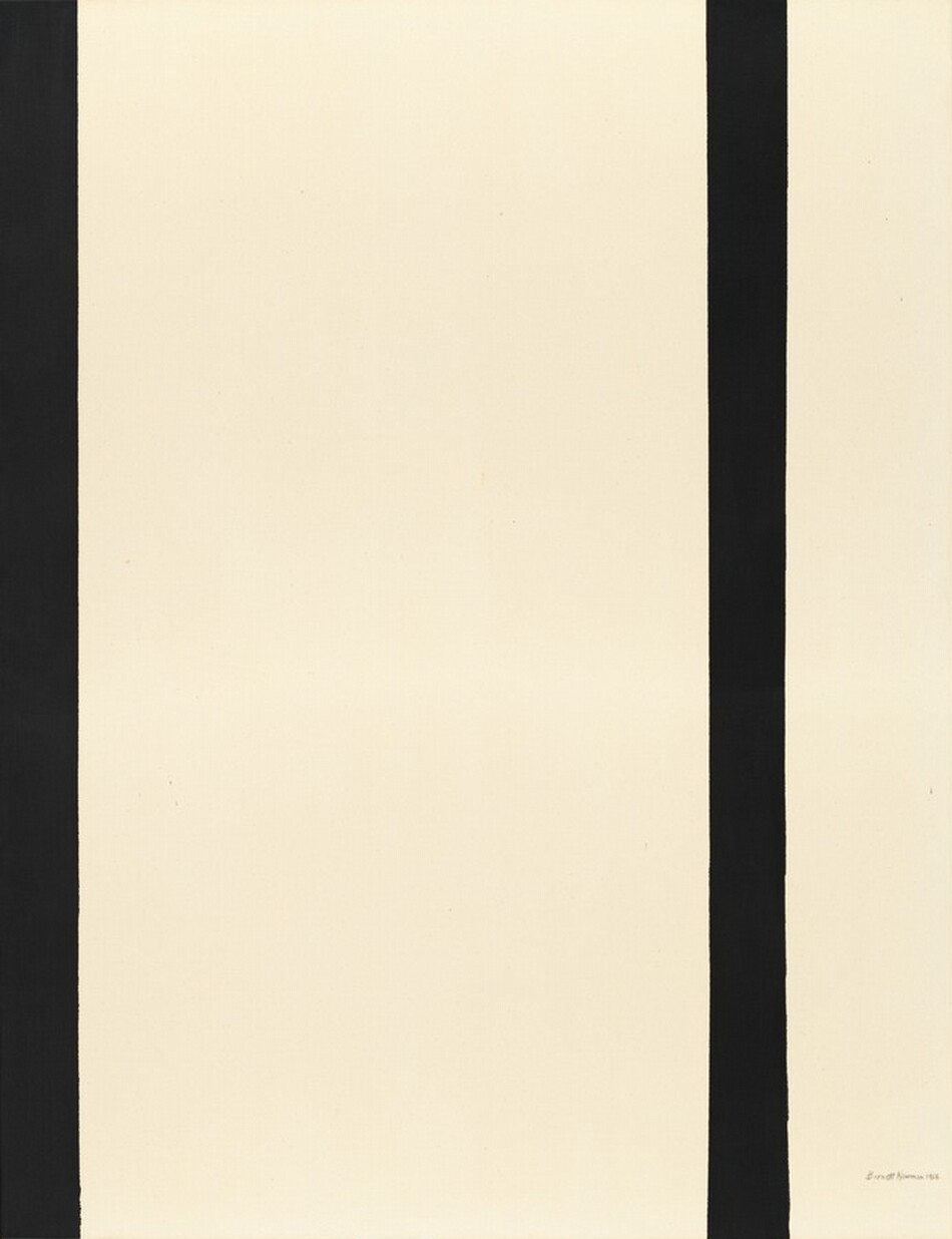 Two black bands span the height of this otherwise cream-white, vertical, abstract painting. One black strip is along the left side of the canvas, and the other is about three-quarters of the way across from the left. A few tiny drips of black paint are speckled across the canvas. The artist signed and dated the painting in the lower right corner in black, "Barnett Newman 1964.”