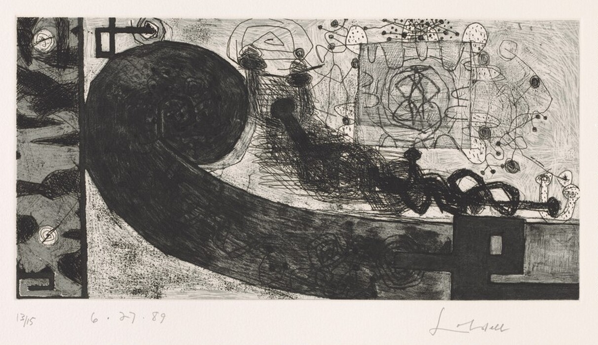 The image contains swirling and curving abstract lines and shapes, with a large sweeping dark curve dominating the left side. These lines twist and overlap across the scene. On the right, intricate web-like patterns intermingle with circular forms and dotted lines. The composition hints at familiar forms like waves or tendrils through the interplay of light and shadow, creating a dynamic scene.