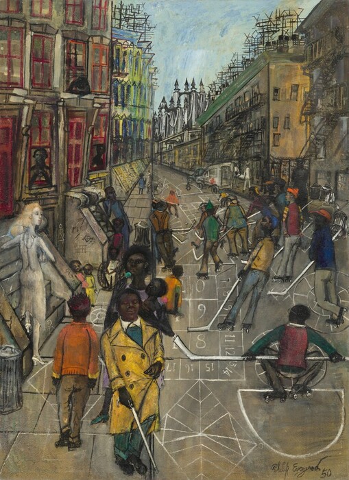 About two dozen men, women, children, and babies, most with dark brown skin, stand, walk, or play hockey in a narrow street between rowhouses in this vertical painting. Games are drawn on the street in white chalk along most of its length. The person closest to us is a young man wearing a canary-yellow, double-breasted coat, who stands to our left of center at the bottom of the painting. His eyes are closed, and he holds a white cane in one hand. Behind him, a woman and the baby in her arms both have round lollipops. Next to them to our left, a boy wearing an orange sweater, brown pants, and a red crown stands facing away from us. Others play hockey on roller skates in the street. They wear shirts and pants in cranberry red, royal and sky blue, brown, green, golden yellow, and fluorescent orange. Their clothing and some facial features are outlined with black. To our left, a willowy woman with white-colored skin and a cloud of pale blond hair turns around to look at the street as she steps up onto the stairs in front of one house. Her tight, knee-length, sleeveless dress and pumps match the ash-white of her skin. Four children, one in a wheelchair, and one man sit and stand beyond her stoop and around the next one. Others look out the windows or walk along the sidewalks. A pair of white-uniformed paramedics carry a person on a stretcher to an ambulance farther along the street, to our right. The buildings meet at a point at about ten o’clock near the center of the composition. Many buildings on the right side of the street have fire escapes zigzagging down their facades. Spiky black antennas crowd the rooflines like lace against a sky streaked with topaz blue and parchment white. The artist signed and dated the painting in the lower right corner, “Philip Evergood 50.”  
