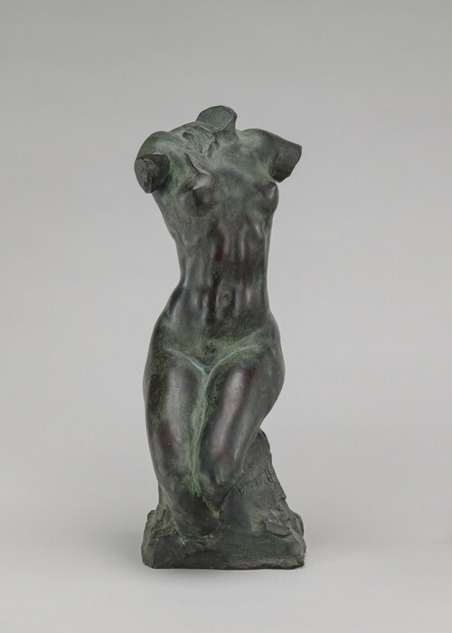 The sculpture depicts a classical female torso. It is missing arms, legs, and a head, focusing solely on the central body from the shoulders to the upper thighs. Crafted from bronze, it exhibits a rich dark green patina with hints of a darker, almost black hue in some areas. The sculpture stands upright on a solid base, with a smooth, highly defined surface. It reflects light subtly, enhancing the musculature and contours of the figure. The piece is life-sized in its proportions.
