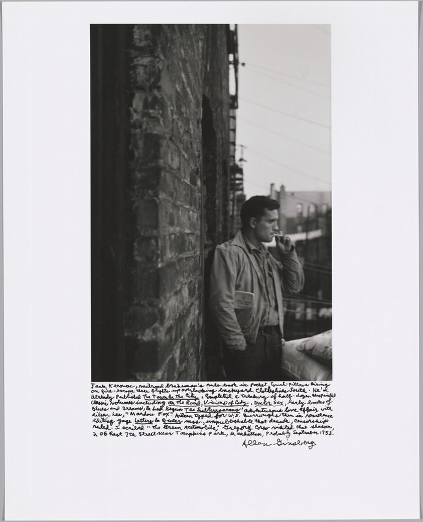 Jack Kerouac, railroad brakeman’s rule-book in pocket, couch-pillows airing on fire-escape three flights up overlooking backyard clotheslines south. He’d already published _The Town & the City_ and completed a treasury of half-dozen unprinted classic volumes including _On the Road_, _Visions of Cody_,_ Doctor Sax_, early books of Blues and Dreams, & had begun _The Subterraneans’_ adventurous love affair with Alene Lee, “Mardou Fox.” Alene typed for W. S. Burroughs then in residence editing Yage Letters and Queer mss., unpublishable that decade, censorship ruled. I scribed “The Green Automobile,” Gregory Corso visited that season, 206 East 7th Street near Tompkins Park, Manhattan, probably September 1953.
