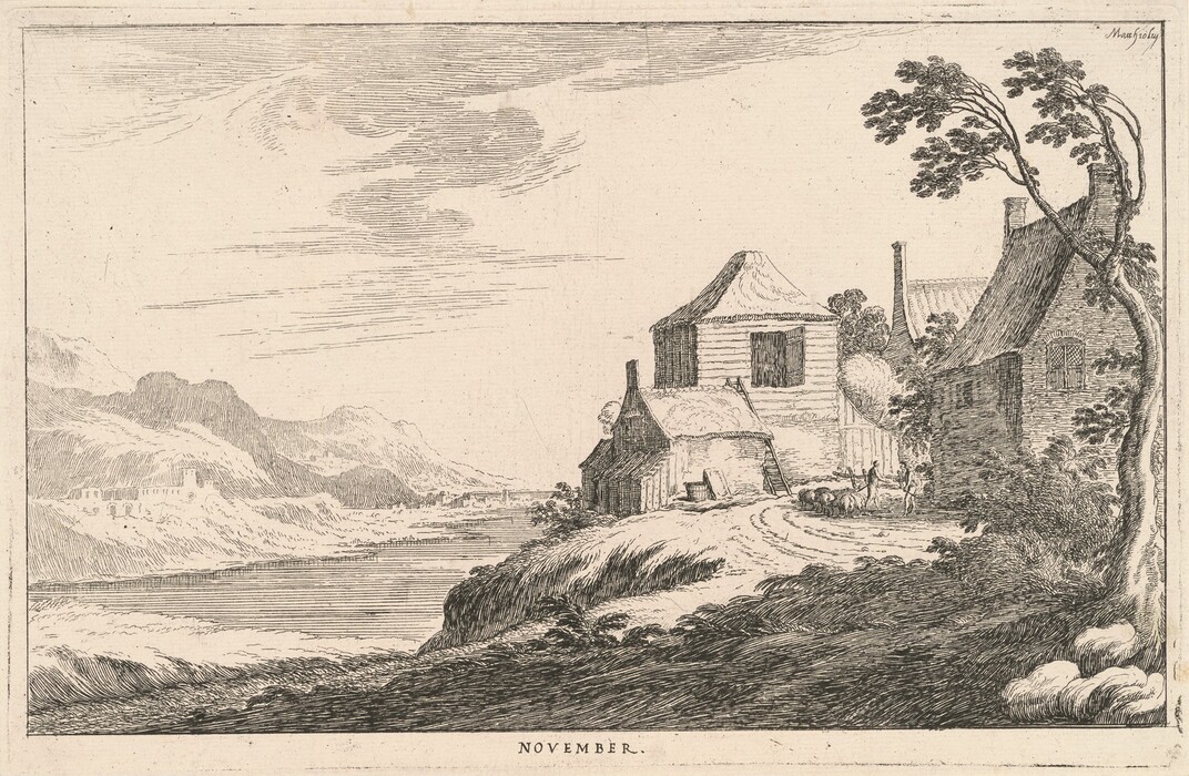 The image depicts a rustic landscape with buildings, a river, trees, and mountains. The scene is created using delicate lines and cross-hatching techniques for texture. In the foreground, there are thatched-roof buildings on a hill, a tree, and a herdsman with sheep. The color scheme is monochrome in varying shades of gray.