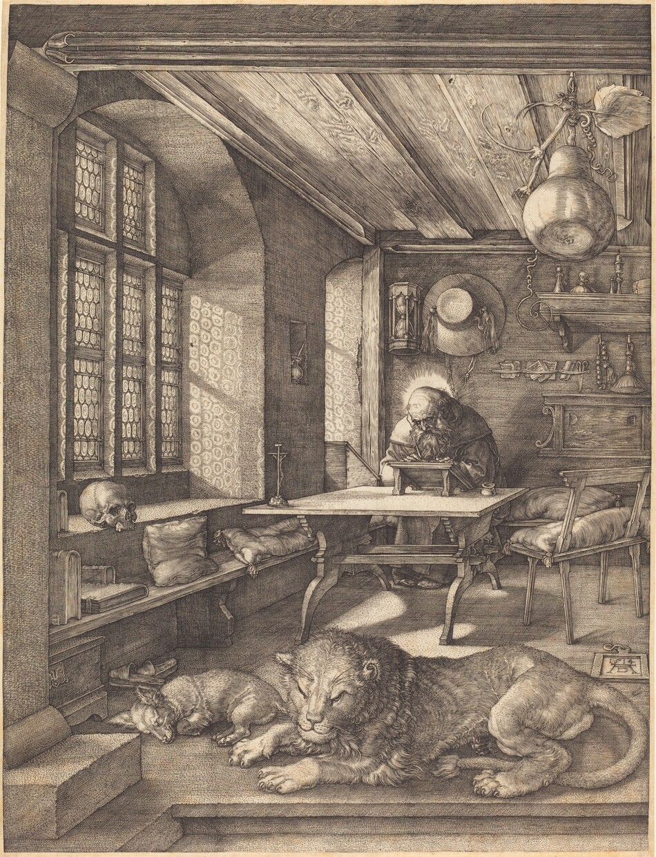 Printed with fine but densely spaced black lines, a man hunches over a table writing in the far corner of a room in this vertical engraving. A lion and a dog lie on the floor closer to us, both with their eyes closed. Arched window openings along the left wall are filled with bullseye glass, and that wall is lined with a bench. A chest and a pair of slippers are tucked under the bench, closer to us. On the bench are three books and two pillows. In the window well closer to us is another book and a skull. The man sits at a square table with trestle legs in the far corner next to the second bay of windows. A small crucifix is at the front left corner of the table. The man, who is balding with long hair, wears a cassock and heavy robes. His feet and knees are pressed together, and his hands are close to each other on the angled writing surface. A glow around his head creates a halo. The only other object on the table is his ink pot. On the far wall are an hourglass, a flat topped, wide-brimmed hat, a rosary, and hand broom. Pieces of paper and a pair of scissors tucked into bands pinned to the wall, and a shelf above holds candles and vessels. The ceiling is made of wood beams, and a pear-shaped gourd hangs at the top right corner. A wide chair holding a cushion sits near the table, and the artist’s initials, AD, and the date, 1514, are on a tablet that lies on the floor nearby.
