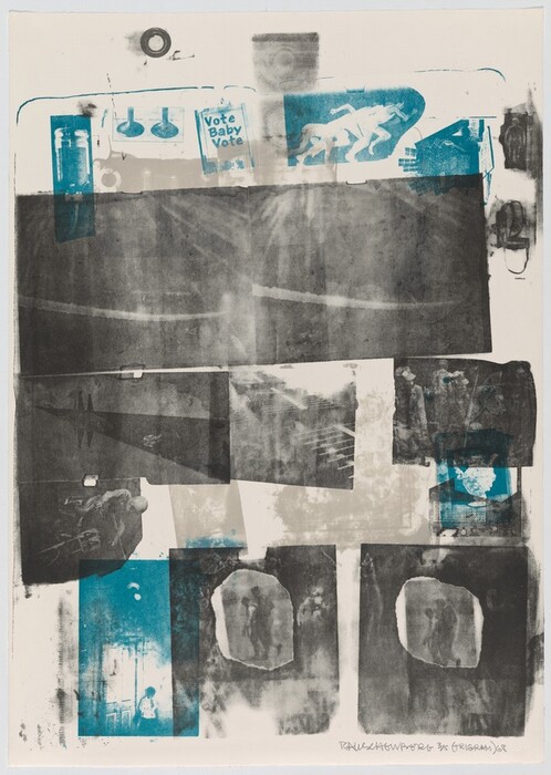 This abstract image features rectangular and circular shapes layered over each other against a backdrop of dark gray tones with blocks of bright blue color. In the upper section, the words "Vote Baby Vote" appear within a rectangle next to an illustration of an animal in motion. Various shapes and colors evoke objects like posters, windows, and doors floating in a dreamlike space, connected by linear elements and slightly blurred imagery, resembling a collage.