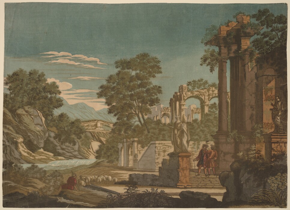 The image shows a classical ruin scene from a slightly elevated point of view. Architectural elements are combined with natural surroundings. The horizon is placed near the middle, appearing slightly elevated due to the mountainous landscape that recedes into the distance. Hills and mountains can be seen in the background under a sky painted with soft hues of blue and occasional white clouds. Close to us, a shepherd dressed in red sits by a water's edge, accompanied by a flock of sheep. On the right, impressive ruins with tall columns and statues provide a focal point, with two figures standing on steps. The style of the painting reveals smooth brushwork, evident in the detailing of foliage and stone structures. The color palette is dominated by earth tones, browns, and greens contrasted against the serene sky.