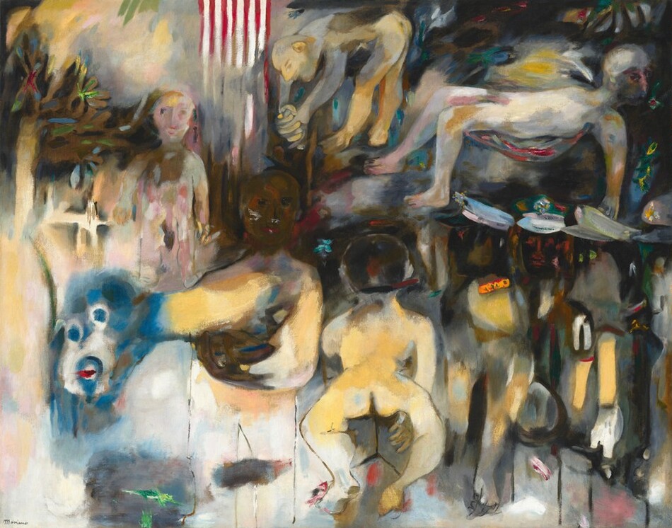 This painting features various swirling and interlocking shapes and lines creating a complex composition. It includes forms similar to naked human figures, although some are in strange positions and some are only partially visible. In the upper left corner, there are vertical red and white striped lines that evoke the American flag. Near the upper-left corner are some shapes that look like tree limbs. Below those, a strange blue shape that looks like a ghostly face emerges from the chest of a person. The rest of the shapes are abstract and ambiguous. The background near the top-right corner seems to be black, while the background near the bottom-left corner seems to be white.