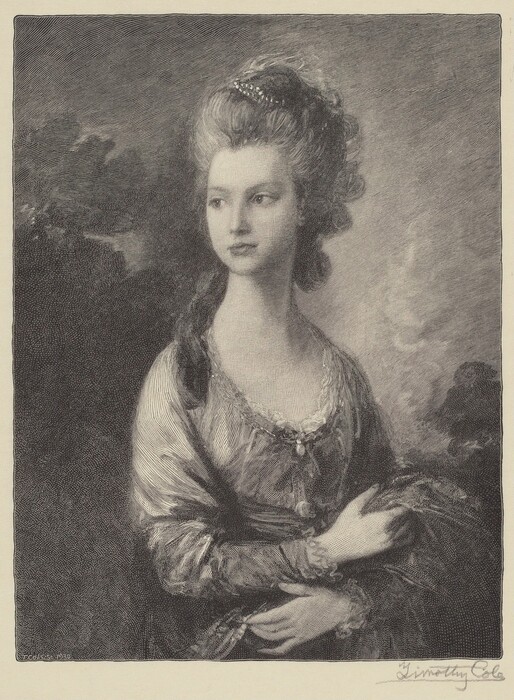 The image depicts a portrait of a woman from the waist up. She is positioned at an angle, looking to the right. She has delicate facial features, a smooth complexion, and gentle eyebrows over thoughtful eyes. Her hair is styled intricately, and she wears a decorative headpiece. She is dressed in an elegant gown with lace details, and her arms are crossed, with her left hand holding onto some drapery. The gown has a pattern and is made from a luxurious fabric, possibly silk. A brooch or pendant is at the center of her chest. The background shows trees and foliage.