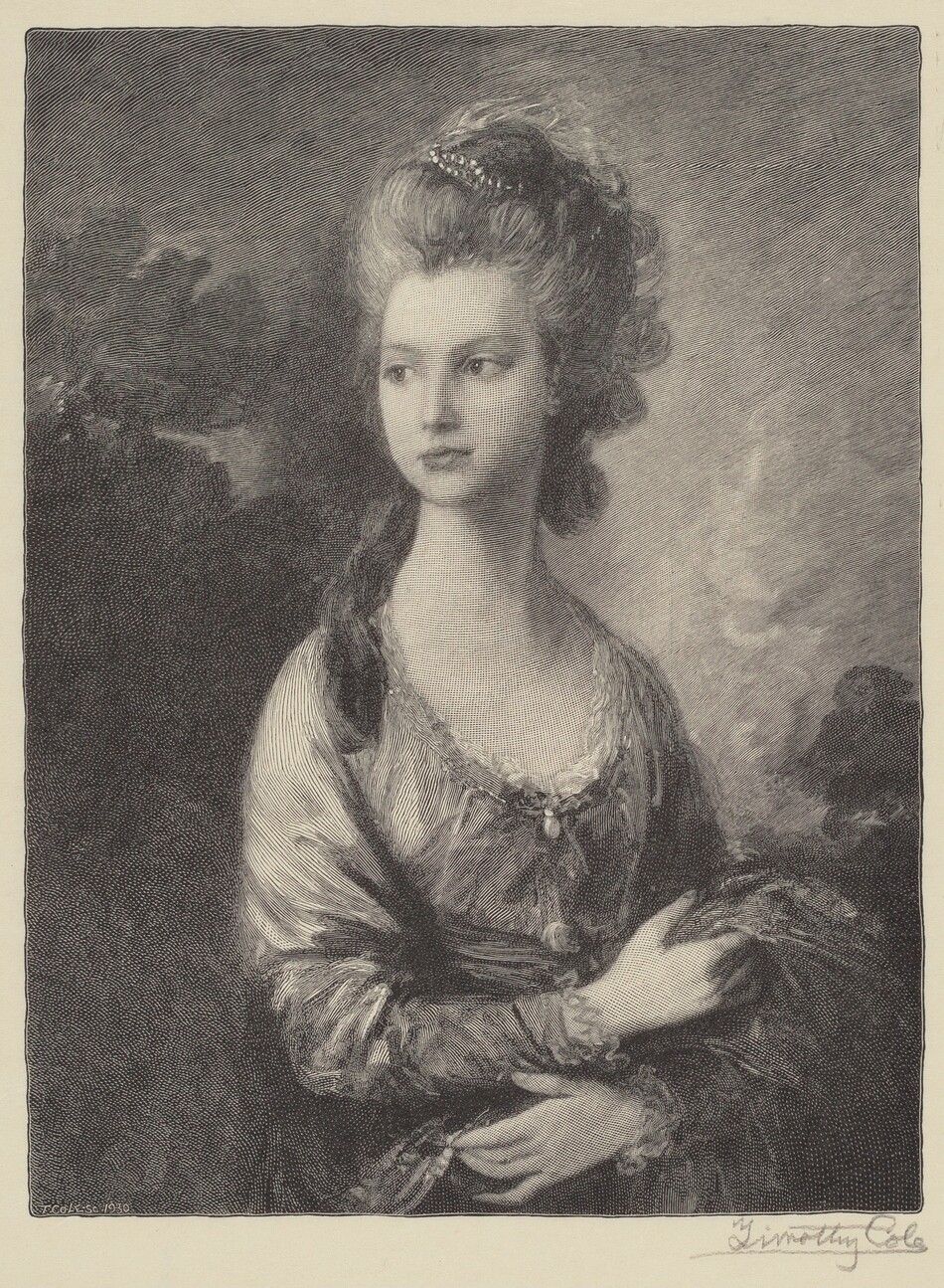 The image depicts a portrait of a woman from the waist up. She is positioned at an angle, looking to the right. She has delicate facial features, a smooth complexion, and gentle eyebrows over thoughtful eyes. Her hair is styled intricately, and she wears a decorative headpiece. She is dressed in an elegant gown with lace details, and her arms are crossed, with her left hand holding onto some drapery. The gown has a pattern and is made from a luxurious fabric, possibly silk. A brooch or pendant is at the center of her chest. The background shows trees and foliage.