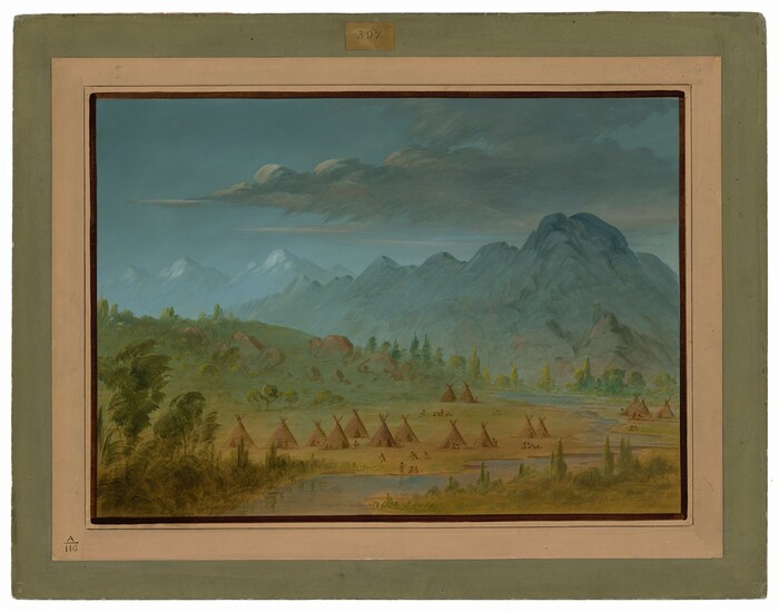 The image shows a landscape with a settlement surrounded by lush greenery and mountains in the distance. The mountains are partly covered by clouds. The painting technique is smooth and gentle, giving the scene a serene atmosphere. The color palette consists mainly of greens, browns, and blues. A row of traditional structures and small figures can be seen close to the viewer, while dense foliage transitions into hills and leads to the mountains in the background.