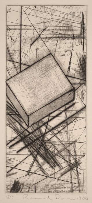 The image shows intersecting lines and shapes, with a large tilted rectangle resembling a thick book. It contains diagonal, horizontal, and vertical lines creating a grid-like structure. The textured background resembles patterns of dotted and dashed marks.