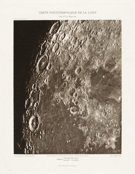 This is a photograph of the surface of the moon. The image highlights the rugged terrain with numerous craters of varying sizes. The craters appear as circular depressions, some with raised edges, and are densely packed in some areas. Shadows accentuate the depth and contours of the craters, especially in areas where the sunlight hits at a low angle. The image includes a caption in French with details such as coordinates, indicating a scientific or cartographic purpose. The photograph is in shades of sepia, giving it an antique quality.