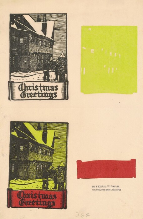 This image depicts two Christmas card designs. Each card features a scenic illustration of a snowy house and trees with figures in the foreground, enclosed within a card format. The title "Christmas Greetings" appears in a traditional font on a banner below the scene. The top card is depicted in a monochromatic ink-drawing style, while the bottom card shows the same scene with subdued color tones, including a yellow-green background and red banner for the text. In the bottom right corner, there are printing credits indicating that the rights are reserved and the work is attributed to a commissioner marked as "DEL & SCULP JL".