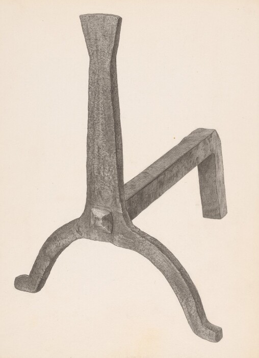The image shows a three-legged stand or support structure at the center. It consists of two curved legs forming a stable base and a third protruding arm angled away from the main support. The color palette is monochromatic with grayscale tones, illustrating different shades of gray across the object. The object appears to be made of a wood-like texture. The two curved legs are positioned at the front, with the third leg extending backward. The background is off-white.
