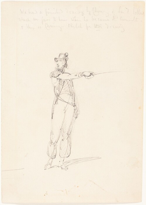 The image depicts a sketch of a person standing and facing slightly to the side. They are in a pose with one arm extended forwards. The person's facial features are subtly drawn, and they have hair styled with some detail drawn around the head. The clothing appears to be a loosely fitting jacket and trousers that taper around the ankles. There is no discernible jewelry or objects. The background is blank, showing only the sketched lines. There are some faint writings above the sketch.