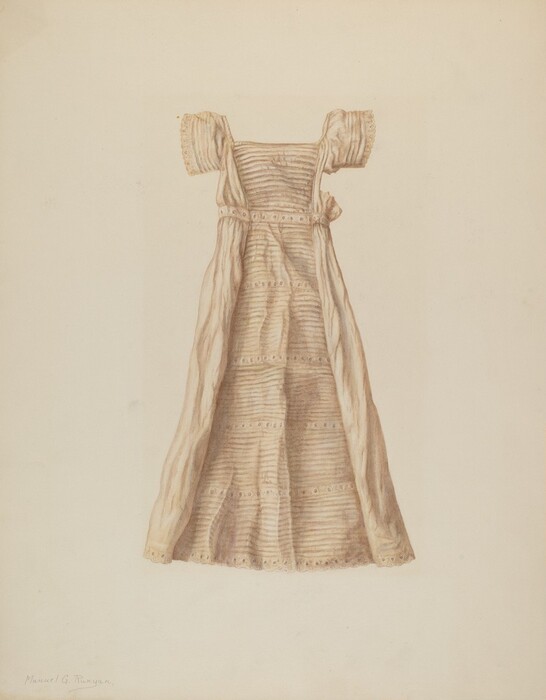 The image shows a light-colored dress with short sleeves and a square neckline, displayed against a plain background. The dress is primarily in soft beige and cream tones, featuring horizontal stripes and delicate embroidery details. Positioned centrally, the dress hangs straight down, appearing slightly gathered at the bottom, with the sleeves spread symmetrically. The dress's texture and patterns are detailed.