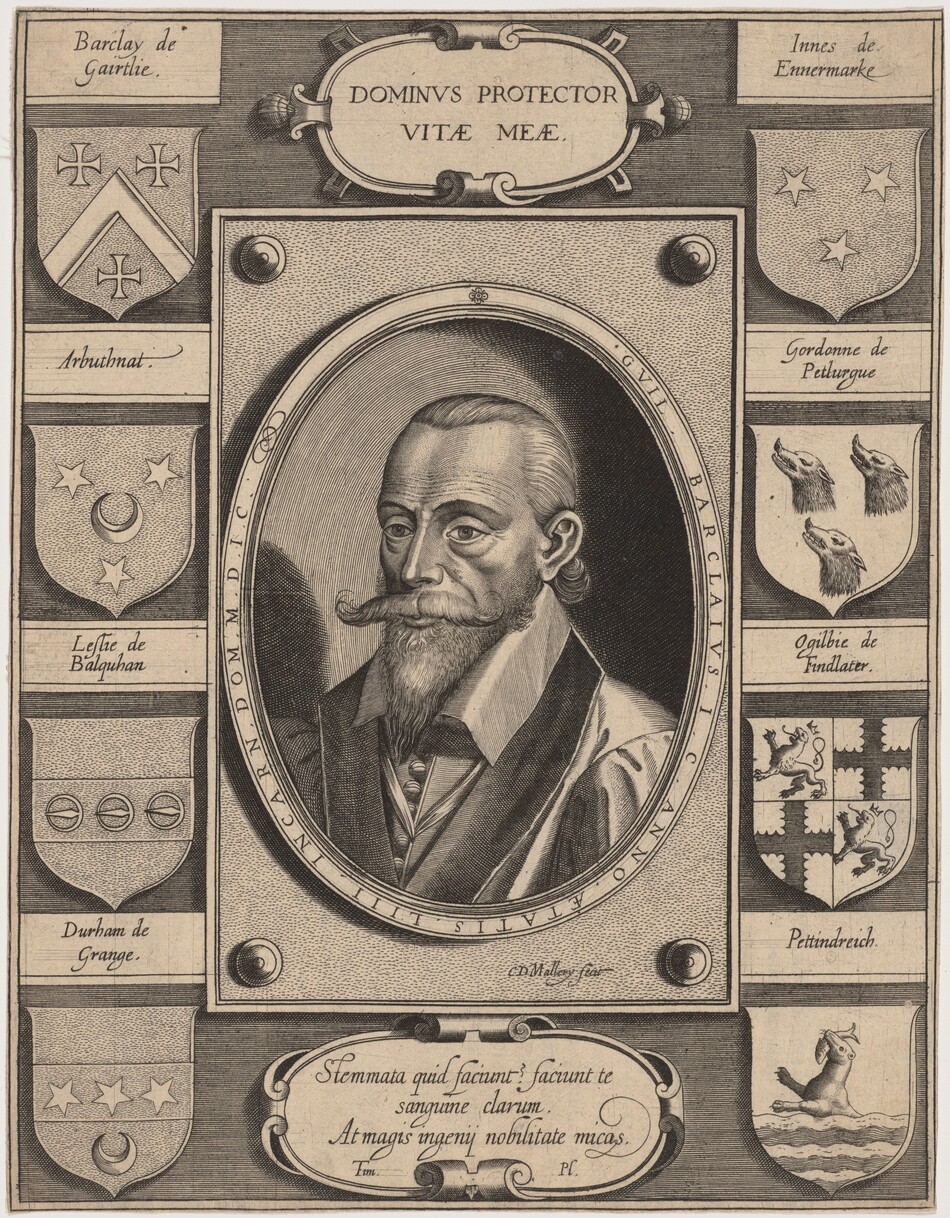 The image shows a bust portrait of a man in an ornate oval frame. The man is depicted facing forward with his body slightly turned to the left. He has a mustache, a small beard, and neatly groomed hair. He wears a high-collared shirt, a vest, and a coat. The background consists of coat of arms and inscriptions. There is a Latin inscription above the portrait and additional text below the frame. The design includes heraldic symbols.