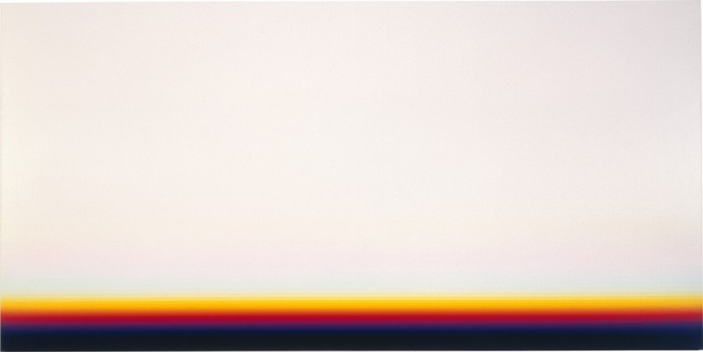 This abstract, horizontal canvas is mostly white but narrow bands across the bottom sixth of the canvas fade from black along the edge to indigo blue, fuchsia, and yellow, which blends gradually into the white field.