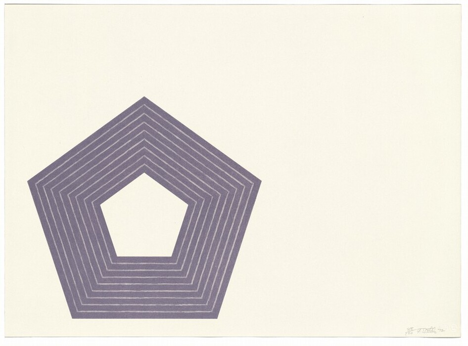 The image shows a series of nested pentagons composed of parallel lines, creating a geometric and symmetrical pattern. The lines are spaced in a way that gives the image a sense of depth.