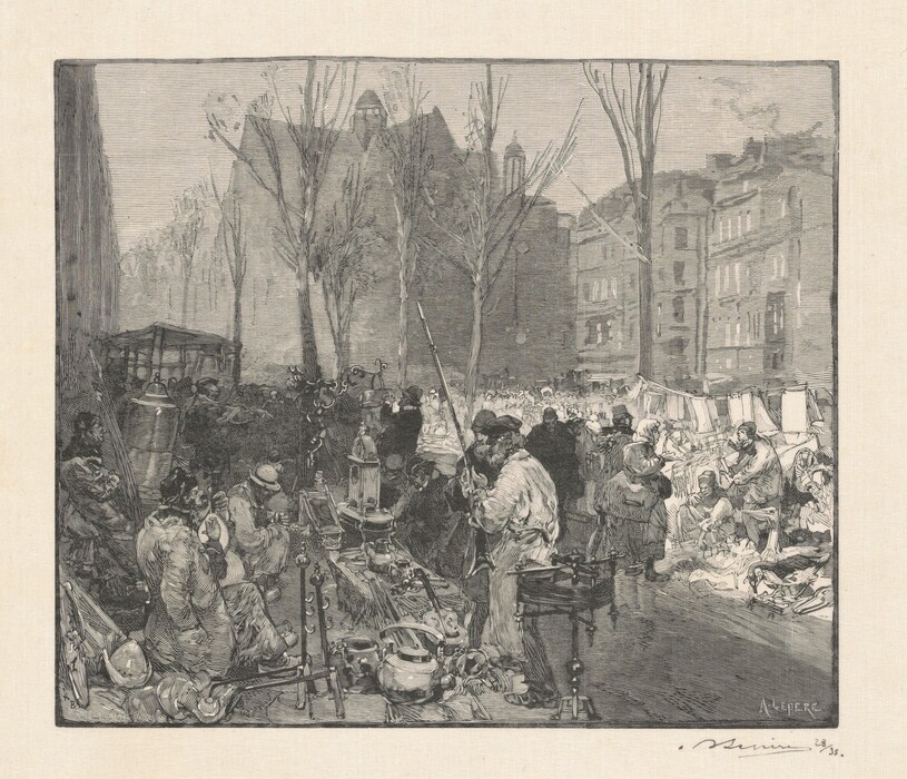 The image depicts a bustling market scene viewed from a slightly elevated angle. Tall buildings and trees obscure the horizon. The composition features intricate and detailed etched lines to create texture and depth. The color palette is monochromatic with shades of black, white, and gray. Various people are engaged in activities like inspecting items, conversing, and bartering. Additional figures and stands suggest ongoing market activities in the distance. Trees and buildings line the background.