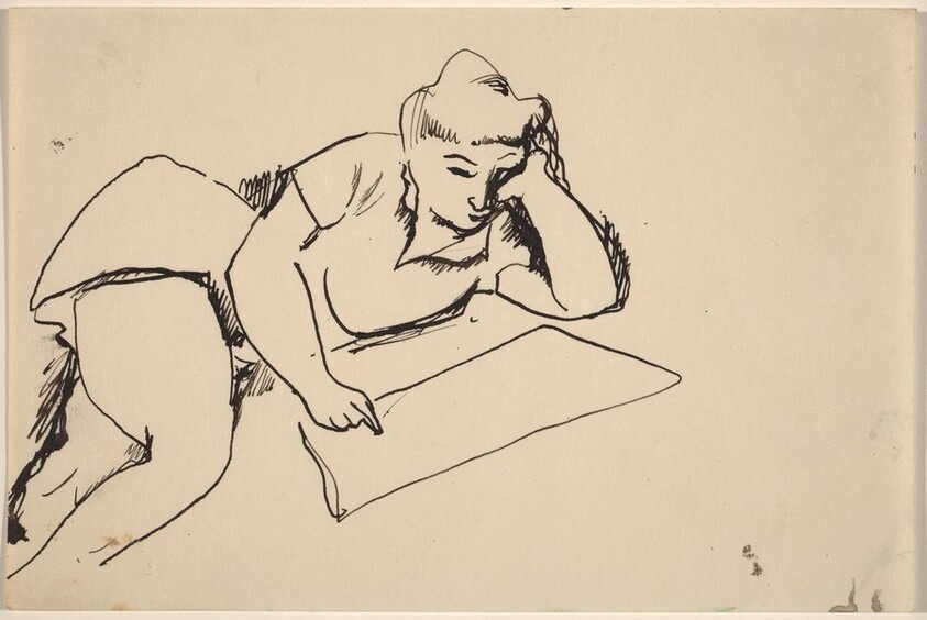Woman Reclining on Floor, Pointing at Paper