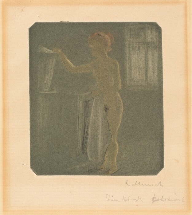 The image shows a full-body profile of a person standing, facing slightly to the right with one arm extended outward. The facial features and hair are not clearly defined due to the soft focus of the image and the shadowy rendering. The figure is unclothed, holding a draped piece of fabric. The background appears to be a dimly lit room with a window in the background, and another piece of fabric is visible in the top left corner. The image is in a muted color palette, giving it a soft appearance. It includes an aged border and handwritten notes at the bottom.