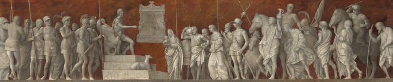 Men and women line up to either side of a man seated on a throne in this long, horizontal painting. The people are painted in shades of white and gray so they resemble marble statues against a background streaked with rust red and gray, resembling marble. About a third of the way into the composition from the left, the throne is atop a three-stepped platform. A cleanshaven man sits on the throne facing our right in profile. He has short, curly hair and wears a toga under a breastplate. He lifts one hand, the forefinger slightly extended, and his lips are parted. The side of the throne we see is in the shape of a creature with a person’s face, chest and front legs of a lion, tail of a serpent, and wings. A greyhound-like dog sits on the first of the three steps. Some of the dozen men lined up to the left of the throne wear armor and hold lances or daggers. One man stands with one hand across his chest and the other across his groin. Another man stands with his back to us, one ankle crossed in front of the other. Sixteen men and women and three horses stand in a line to the right of the throne. Two women are near the front of the line. The one closest to the throne holds an urn. A man just behind her holds a larger urn propped up on one shoulder. The other men wear armor or togas. One man is half again as tall as anyone else. A rectangular plaque just to the right of the throne appears to be carved with the words, “TVRPIVS IMPER VENERE Q AR MIS VINCI.”