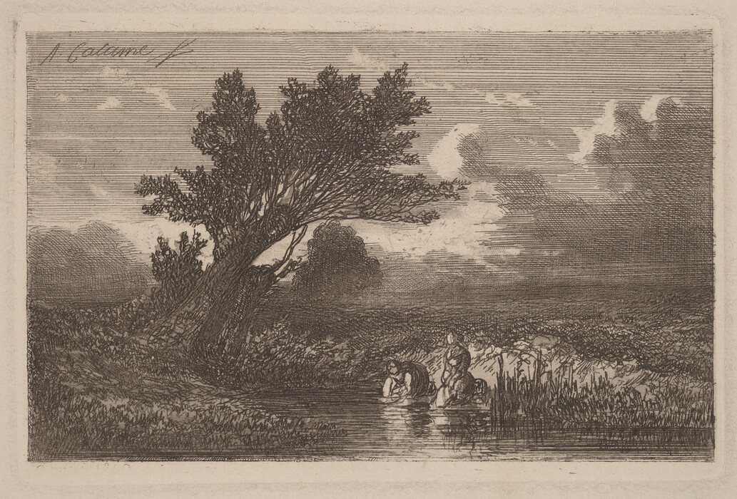 The image depicts a riverside scene with a horizon dividing the sky and land. Clouds are visible along the horizon, with horizontal striations in the sky. A tree bends over a river, and two figures are seen in the water near the reeds. The artwork features detailed hatching to convey texture and shadow. The color palette is monochromatic with shades of brown.