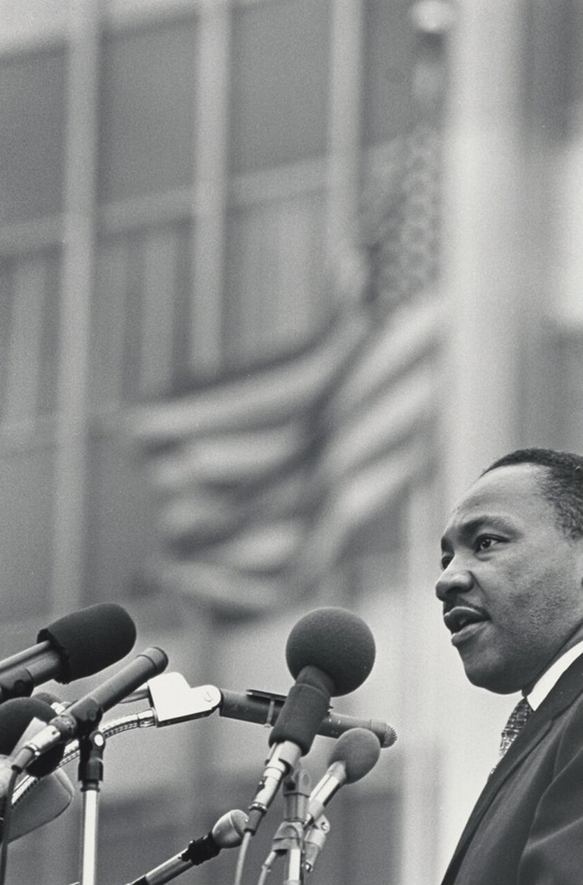 Dr. Martin Luther King, Jr. addresses the crowd outside the United Nations