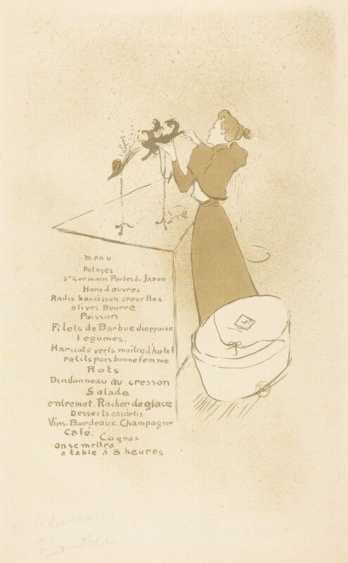 A woman placing a feathered hat on a display stand next to a printed but handwritten menu is printed shades of sage green on cream-colored paper in this vertical lithograph. The woman and menu are surrounded by a wide margin on all sides. The woman faces our left in profile. Her hair is pulled up and back. Her short jacket has sleeves puffed at the shoulders and tight along the arms. A skirt falls straight from her narrow waist. She stands on one side of a wide counter that holds two hat stands, and an oval-shaped hat box sits behind her feet. The woman’s body, features, clothing, and the objects around her are outlined with darker sage green. In the lower left corner, the menu reads as follows: “menu, Potages, St Germain Perles du Japon, Hors d’oeuvres, Radis Saucisson crevettes, Olives Buerre, Poisson, Fillets de Barbeu dieppoise legumes. Haricots verts maître d’hotel, petits pois bonne femme, Rots, Dindonneau au cresson, Salade, entremets Rocher de glace, Desserts assortis. Vins. Bordeaux. Champagne. Café. Cognac. On se mettra a table à 8 heures.” The bottom right corner of the printed image is stamped with a round, pale-green mark that combines the letters H, T, and L in a circle. A faint inscription in graphite in the lower left corner of the page is difficult to make out.