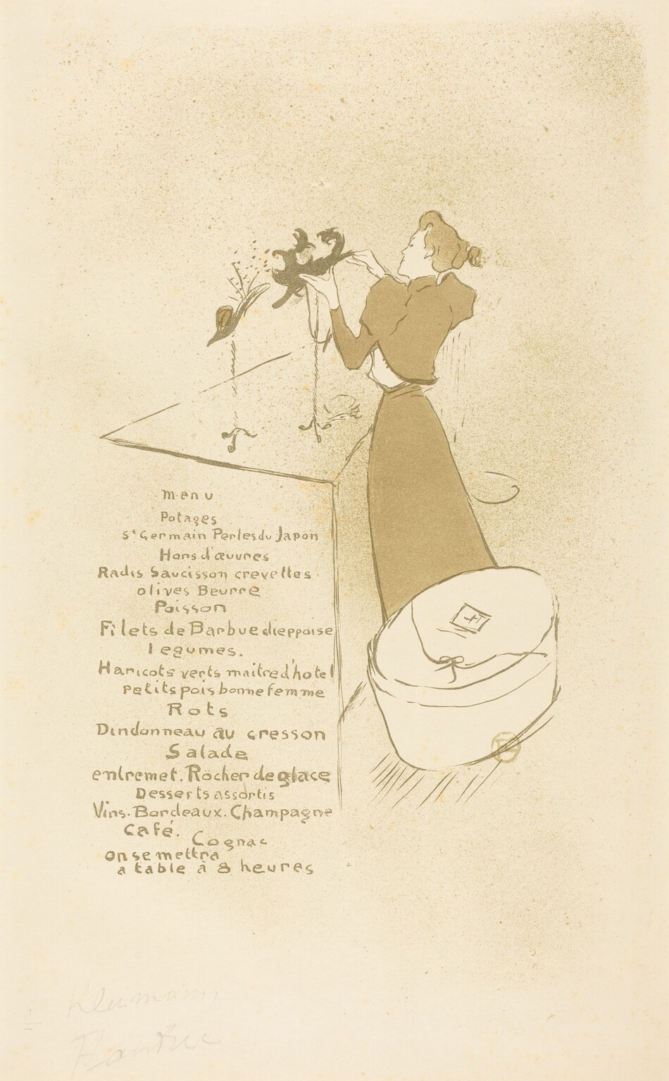 A woman placing a feathered hat on a display stand next to a printed but handwritten menu is printed shades of sage green on cream-colored paper in this vertical lithograph. The woman and menu are surrounded by a wide margin on all sides. The woman faces our left in profile. Her hair is pulled up and back. Her short jacket has sleeves puffed at the shoulders and tight along the arms. A skirt falls straight from her narrow waist. She stands on one side of a wide counter that holds two hat stands, and an oval-shaped hat box sits behind her feet. The woman’s body, features, clothing, and the objects around her are outlined with darker sage green. In the lower left corner, the menu reads as follows: “menu, Potages, St Germain Perles du Japon, Hors d’oeuvres, Radis Saucisson crevettes, Olives Buerre, Poisson, Fillets de Barbeu dieppoise legumes. Haricots verts maître d’hotel, petits pois bonne femme, Rots, Dindonneau au cresson, Salade, entremets Rocher de glace, Desserts assortis. Vins. Bordeaux. Champagne. Café. Cognac. On se mettra a table à 8 heures.” The bottom right corner of the printed image is stamped with a round, pale-green mark that combines the letters H, T, and L in a circle. A faint inscription in graphite in the lower left corner of the page is difficult to make out.