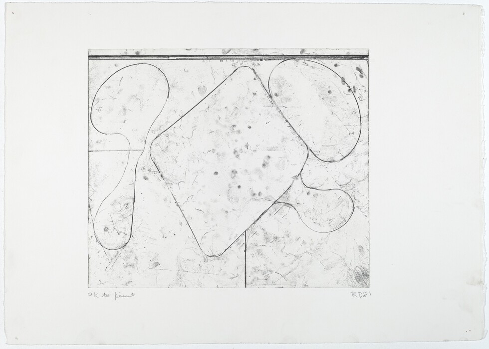 The image shows black lines creating abstract shapes on a textured white background. One central large diamond shape is surrounded by flowing curves resembling river paths or elongated balloons. The composition is minimalistic with a sense of movement from the lines.