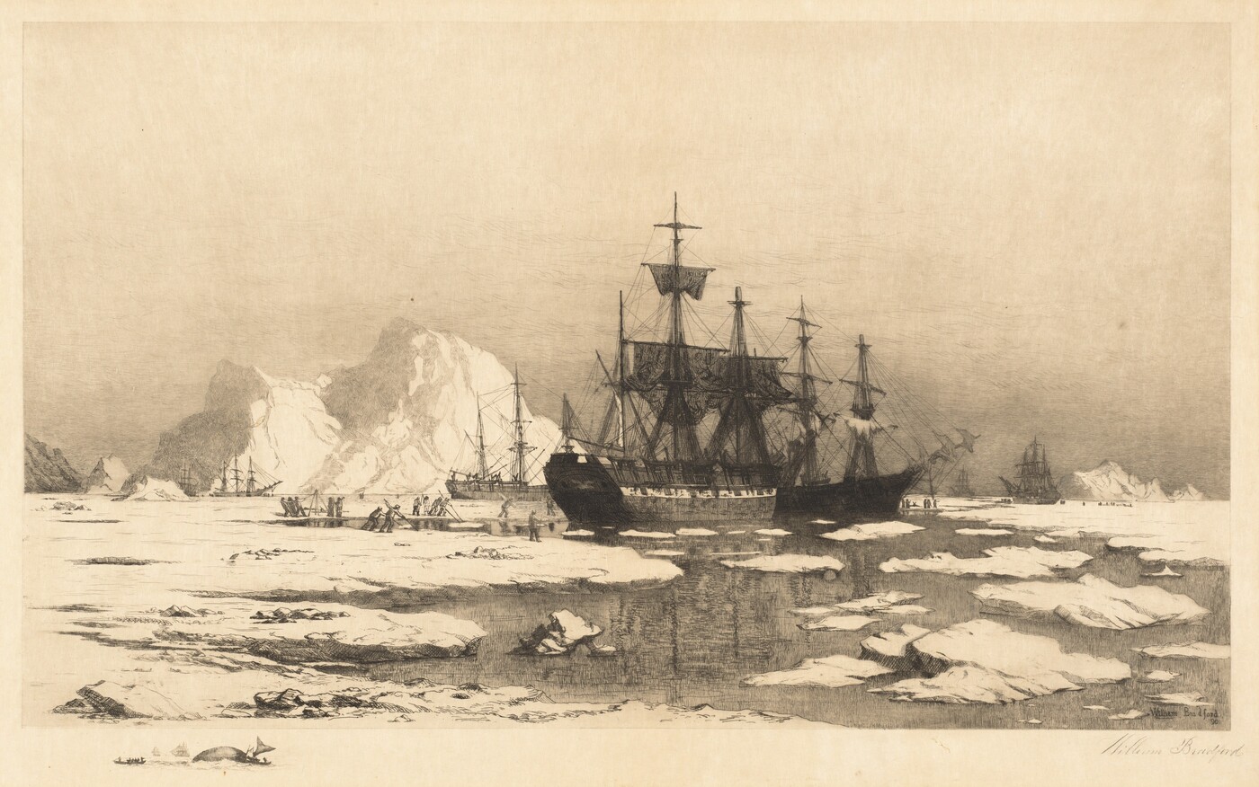 The image shows a seascape with ships anchored in icy waters. The horizon is low with towering icebergs creating a boundary between the sky and water. The style appears to be an etching with fine lines outlining the ships and ice. The color palette is monochromatic with sepia tones. Patches of ice float in the water, while ships are seen in the distance across ice and water.