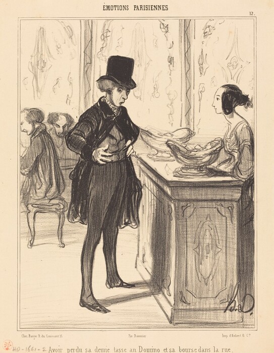 The image features a man standing to the left of a counter. He is wearing a tall, cylindrical hat, a dark coat with tails, dark trousers, and shoes. He is holding a wallet or case and looking intently at it with a serious expression. His facial features are drawn in a caricature style with a long nose and large eyes. To the right of the man, behind a counter, a woman is seated wearing a dress with puffed sleeves. She has neatly pulled back hair and a neutral expression. A large decorative bowl or basket sits on the counter between them. In the background, another man sits at a table, engaged in writing or playing a game, with a partial view of his companion who is turned away. The background is decorated with ornate patterns, suggesting an interior setting.