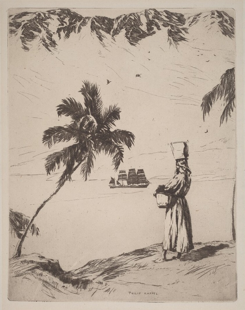 Coastal Scene with Palm Trees and Standing Woman