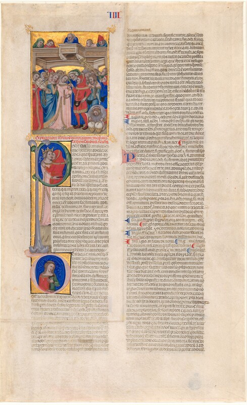 This is a page from a book, with two tall columns of black text following a rectangular scene at the upper left corner, which shows a crowd under a balcony. Painted on vellum, the page also has a deocrated capital P and D, and a few other markings in cobalt blue and scarlet red. All the people in the scenes have pale skin. Most of the women wear crowns over long, braided hair. Their long dresses and the men's tunics and robes are painted in shades of azure or sky blue, crimson red, or pine green. In the rectangular illustration at the top left, a crowd of more than a dozen people gather closely around a man wearing a scarlet-red tunic, hood, and stockings, putting a gold ring on the hand of a woman wearing a shell-pink dress and a translucent veil under her crown. Two men to our right blow long horns, a man in front of them bends over to strike a pair of drums, and a woman to our left plays an instrument like a violin. Five people peek over the edge of a balcony above the crowd in front of a shining gold background. Below this scene, the man and woman are shown from the waist up within the round form of the captial letter P. They kiss and embrace against a vibrant blue background. In the D below, which resembles an O with an elongated apostrophe at the top, a woman with brown hair, wearing a garment that is half red and half green, holds a hand to her chest, her lips parted. The other hand rests on the bottom of the opening within the D. The tightly spaced text, next to the P and D, extends down to the bottom of the column and the right column is entirely text. About halfway down the right column, a smaller capital P is picked out with blue against a red field, and marks in blue and red are interspersed in the text in that column. There is a wide margin surrounding the text around all four sides of the sheet. The Roman numeral four, written as "IIII" alternating between red and blue strokes, appears at the top center.