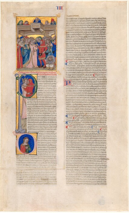 This is a page from a book, with two tall columns of black text following a rectangular scene at the upper left corner, which shows a crowd under a balcony. Painted on vellum, the page also has a deocrated capital P and D, and a few other markings in cobalt blue and scarlet red. All the people in the scenes have pale skin. Most of the women wear crowns over long, braided hair. Their long dresses and the men's tunics and robes are painted in shades of azure or sky blue, crimson red, or pine green. In the rectangular illustration at the top left, a crowd of more than a dozen people gather closely around a man wearing a scarlet-red tunic, hood, and stockings, putting a gold ring on the hand of a woman wearing a shell-pink dress and a translucent veil under her crown. Two men to our right blow long horns, a man in front of them bends over to strike a pair of drums, and a woman to our left plays an instrument like a violin. Five people peek over the edge of a balcony above the crowd in front of a shining gold background. Below this scene, the man and woman are shown from the waist up within the round form of the captial letter P. They kiss and embrace against a vibrant blue background. In the D below, which resembles an O with an elongated apostrophe at the top, a woman with brown hair, wearing a garment that is half red and half green, holds a hand to her chest, her lips parted. The other hand rests on the bottom of the opening within the D. The tightly spaced text, next to the P and D, extends down to the bottom of the column and the right column is entirely text. About halfway down the right column, a smaller capital P is picked out with blue against a red field, and marks in blue and red are interspersed in the text in that column. There is a wide margin surrounding the text around all four sides of the sheet. The Roman numeral four, written as "IIII" alternating between red and blue strokes, appears at the top center.
