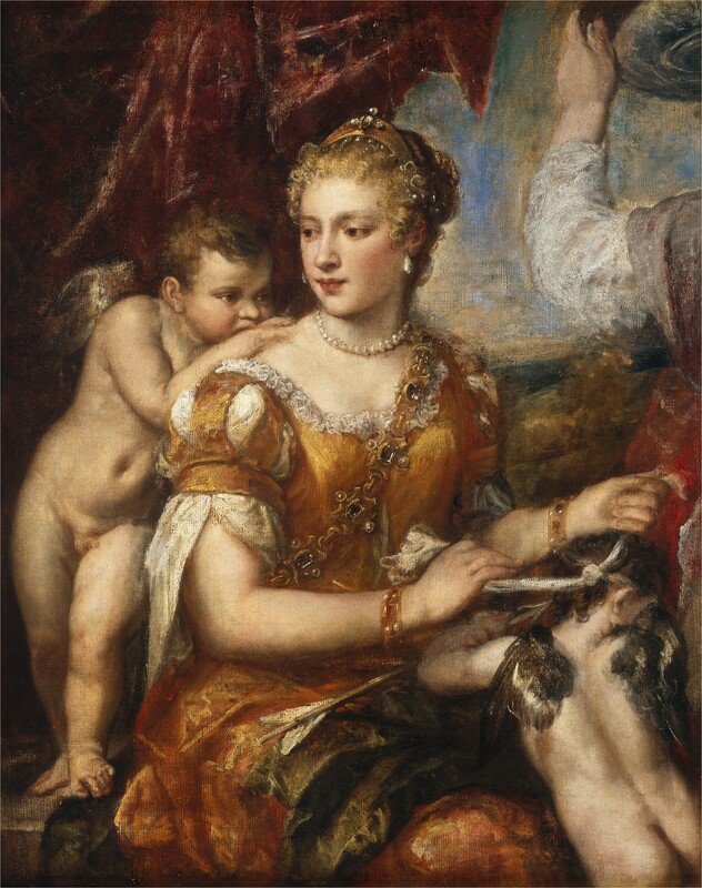 Shown from the knees up, a seated woman and two winged, nude children gather at the center of this vertical painting. They all have pale, peachy skin. At the center of the composition, the woman, Venus, sits with her body angled slightly to our right as she turns her head back to our left, gazing into the distance with brown eyes under thick brows. She wears a jeweled headpiece over her upswept, honey-blond hair, and delicate ringlets frame her brow. Her cheeks are tinged with dusty rose-pink, and she has a long nose and a ruby-red, bow mouth. She wears an amber-yellow gown trimmed with white lace at the neckline. The short sleeve we can see is slashed to reveal cream-white fabric puffing out of the openings. A wide, gold chain inset with gleaming pale aquamarine-blue jewels the size of thumbprints drapes over her far shoulder and across her chest like a sash. She wears a pearl necklace and teardrop-shaped earrings, and more pearls and gems adorn the gold bracelets on her wrists. One child, in the lower right corner of the painting, stands in front of her with his back to us. He holds an arrow in his left hand, which he rests on the chocolate-brown cloth draped across Venus’s lap. He turns head to the right, and his face is partially obscured by one of his small, charcoal-gray and cream-white wings. Venus holds two ends of an off-white cloth tied around his head as a blindfold. Just beyond him is another person, visible from the hip up, who fills the height of the composition but is mostly cropped by the right edge. We see the left arm, shoulder, and edge of the hip as they stand with their back to us. The arm we can see is raised to hold what appears to be a metal bowl. On Venus’s opposite side, to our left, the second winged child stands on the ledge on which Venus sits. He leans one hand and his chin on Venus’s shoulder and gazes off to our right. He has chestnut-brown hair and eyes, and a round nose in a pudgy face. Loosely painted cranberry-red drapery hangs from the upper left corner and falls in cascading folds behind him. An azure-blue sky with tan clouds is visible beyond the drapes.