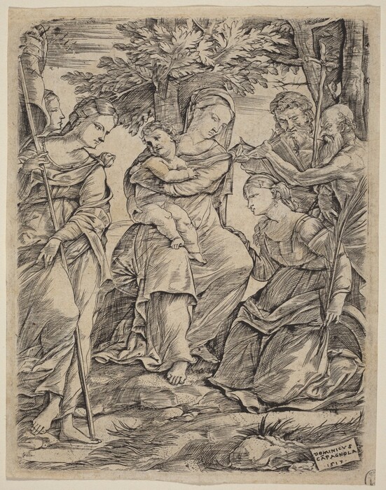 The image depicts several figures in a detailed engraving style. The central figure is a robed woman holding a child. The child has curly hair and is facing the viewer. To the left stands another figure in robes holding a staff, and to the right, a woman is kneeling. Two bearded men stand behind them, one reading a book aloud. All figures wear draped garments suggesting a historical or religious theme. A large tree with a dense canopy is in the background, along with the silhouette of a cross. In the bottom right corner, there is a signature that reads "Dominicus a Compagnola."
