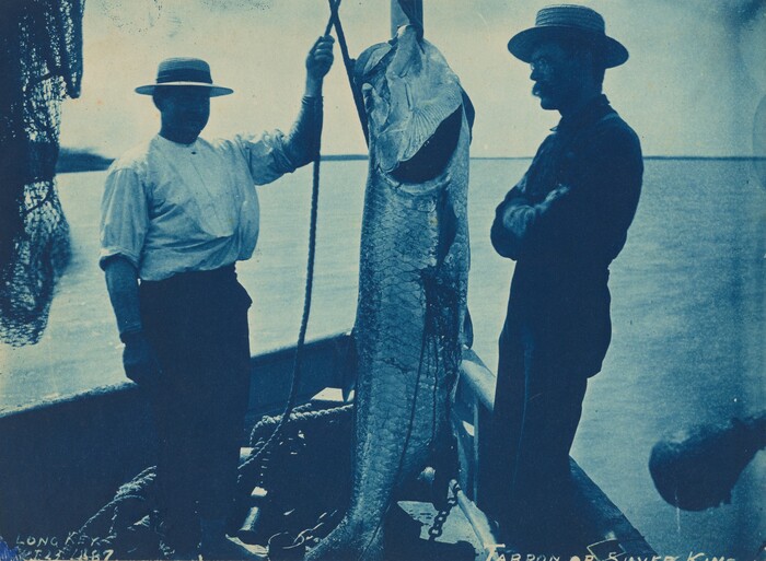 The image depicts two men standing on a boat. The man on the left is holding up a large fish, wearing a light-colored shirt with long sleeves, dark pants, and gloves. The man on the right has his arms crossed, facing the fish, and is dressed in dark clothing with a straw boater hat. Both men have facial features visible, and there are various ropes and fishing gear on the boat. The background shows a simple horizon line, suggesting an open water scene. The image is in a vintage blue tint.