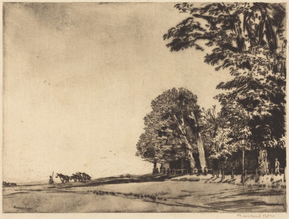 The image shows a landscape viewed from a slightly elevated point of view. There is a road stretching into the distance. The horizon is on the left side with a figure and animals visible. The right side is lined with trees. The trees are detailed with fine lines and shading. The image has a monochromatic color palette of brown and beige. A pathway or road is close by, suggested through hatch marks and shadows. The scene is tranquil with gentle tonal gradations in the sky.