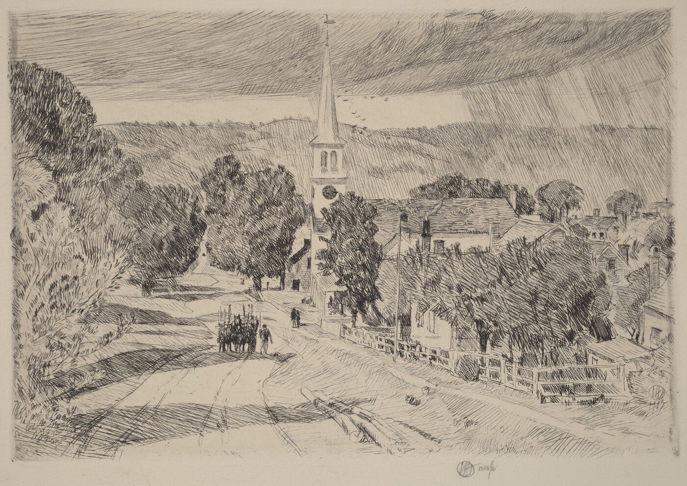 The image shows a village scene from a slightly elevated viewpoint. The horizon is high in the composition, revealing the village and hills in the distance. In the village, there is a church steeple among houses and trees. The art style features detailed cross-hatching brushstrokes for depth and texture. The monochromatic color palette is primarily black and white, emphasizing the scene's details. A path with trees and fences leads to the village, and there are hints of activity like people and livestock.