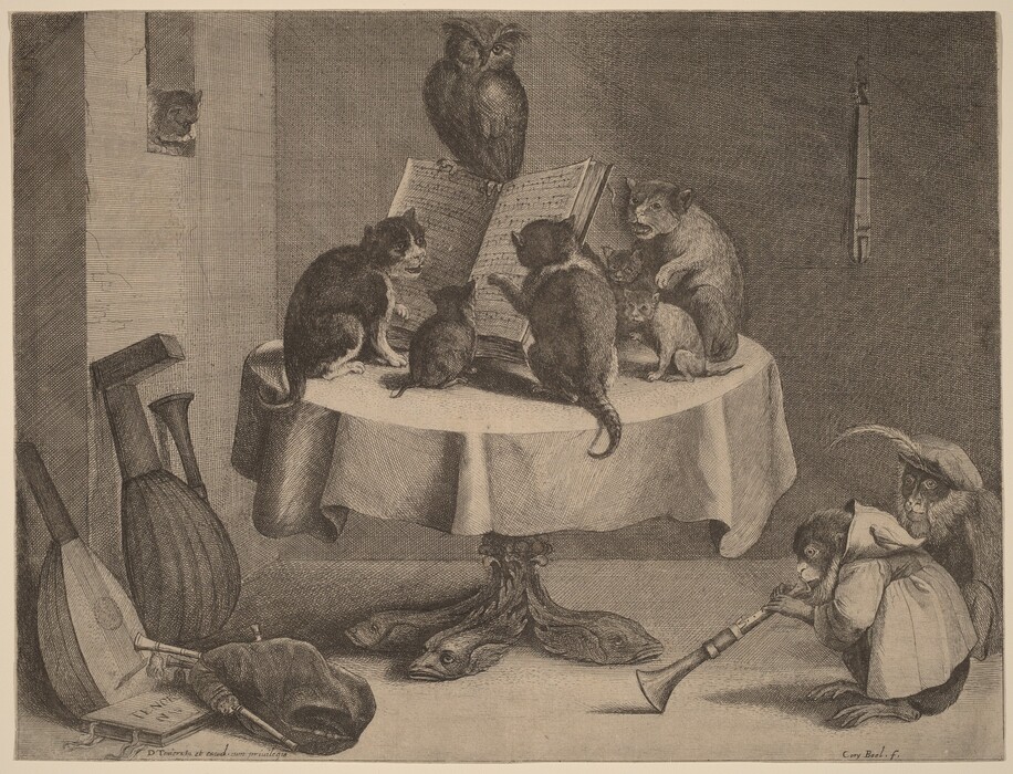 Printed in black and gray tones against cream-white paper, three cats, three kittens, two monkeys, and an owl gather on and around a dining table in this horizontal etching and engraving. A round-topped table is covered by a white cloth at the center of the composition. The pedestal-style legs have feet carved to look like sleepy fish. Three cats and three smaller kittens sit on the table and presumably sing, their mouths open, around a music book. An owl with brushy, feathery brows perches on the top of the book, which is propped up on the table. A seventh cat peers through a rectangular opening in the wall to our left, looking down on the scene. Two monkeys hunch together in the lower right corner. One wears a floppy cap with a feather, the other a hooded robe, and that second one plays a horn instrument. Two lutes, a bagpipe, and another horn instrument are clustered in the lower right corner of the sheet around a book titled “TENOR.” Text inscribed in the plate near the lower left corner reads, “D Teniers In et excud. cum privilegio” and one to the right reads, “Cory Boel. f.”