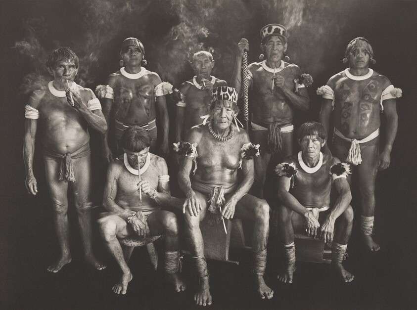Group portrait of all the Kamayura shamans. Upper Xingu, Mato Grosso, Brazil.