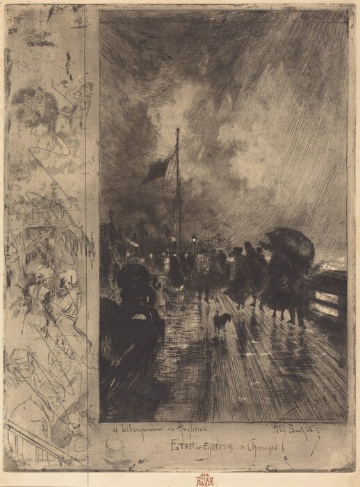 The image depicts a pier or dock with people carrying umbrellas and a small dog walking. The horizon is obscured by silhouettes of people and dock structures. A tall flagpole with a fluttering flag is visible against a cloudy sky. The artwork features a cross-hatched technique creating texture, capturing movement in the clouds. The color palette consists of blacks, greys, and varying shades. The scene conveys a moody atmosphere with light and shadow on wet surfaces as rain falls. Lighter sketches contrast with the dark main scene to the left.