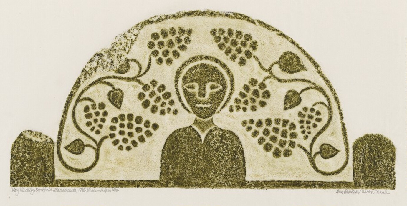 The image shows a stylized figure from the shoulders up. The figure has a round face with simple, symmetrical lines outlining the eyes, nose, and smiling mouth. The hair is suggested by lines around the head. They appear to be wearing a garment with a rounded neckline. Surrounding the figure are artistic representations of vines, circular shapes resembling grapes, and heart-shaped leaves curving inward. The background is plain and light-colored, contrasting with the dark, intricate design.