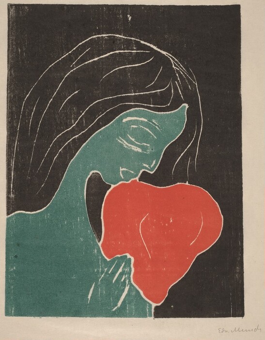 This print shows the upper body of a person in profile, facing right. The person's head is slightly bowed and their eyes are closed. Their dark, wavy hair cascades down their neck. Their skin is a solid teal color, with their features outlined in white. They are holding a large, red, irregularly shaped object against their chest with one hand. The background is black with a textured appearance, allowing some of the tan paper to show through.