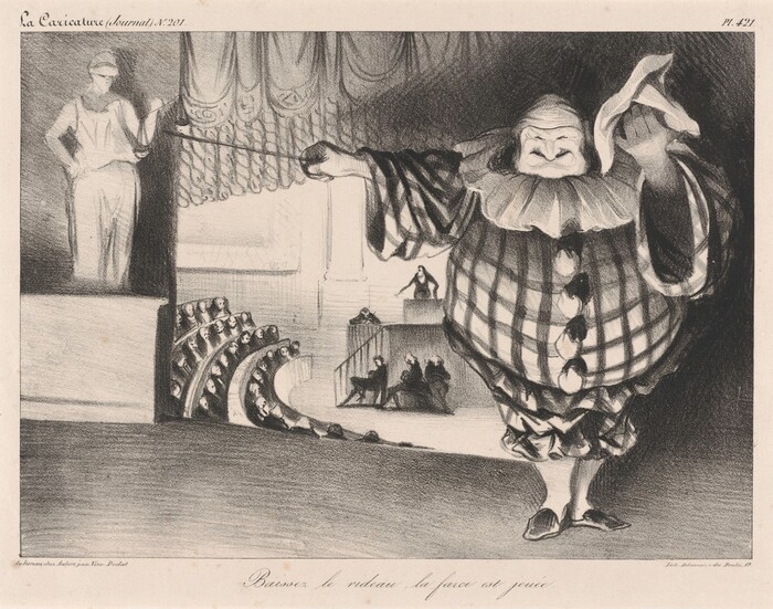 This is a drawing of a theater scene with a large clownish figure and an audience. The drawing shows a theatrical performance with a character resembling a clown on the right, and an audience on the left. The audience is depicted in rows, with a seated figure above operating the curtain. The scene conveys a sense of theatricality and humor, capturing the atmosphere of a performance.
